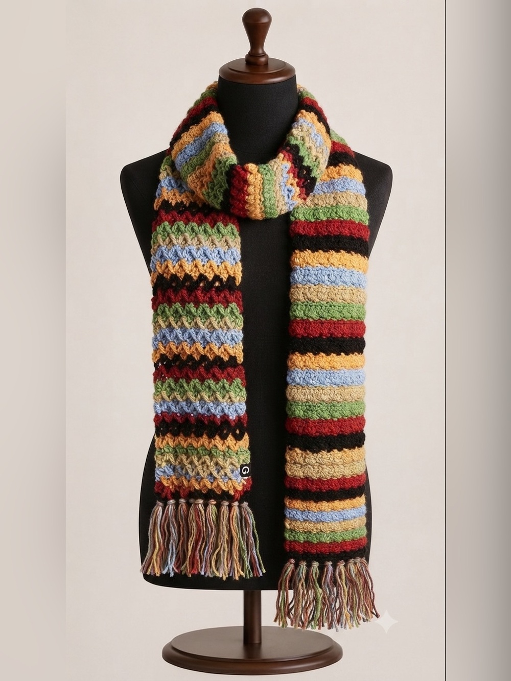 Boho Multi-Color Striped Crochet Knit Scarf with Fringe